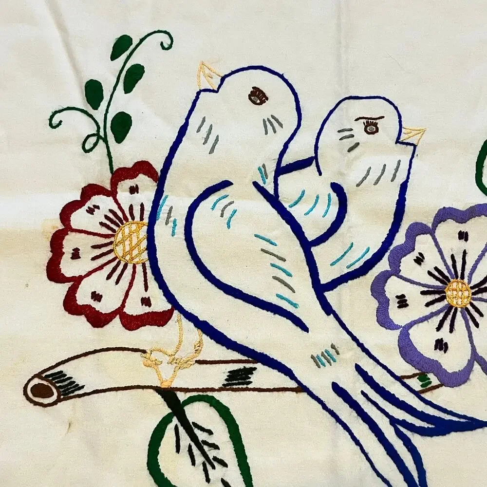 Vintage Pillowcases Pair Embroidered Bluebirds Floral Folk Art Cottagecore
